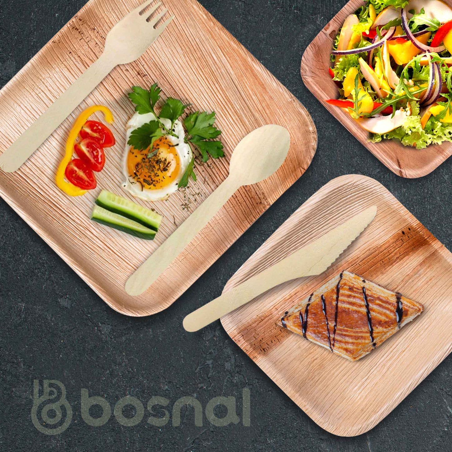 Palm Leaf Biodegradable 10" & 7" Square Plates, 5" Bowls with Cutlery Combo (25 Each Plates, 25 Bowls, 50 Forks, 25 Spoons, 25 Knives), Eco-Friendly, Compostable, Bamboo-Wood-2