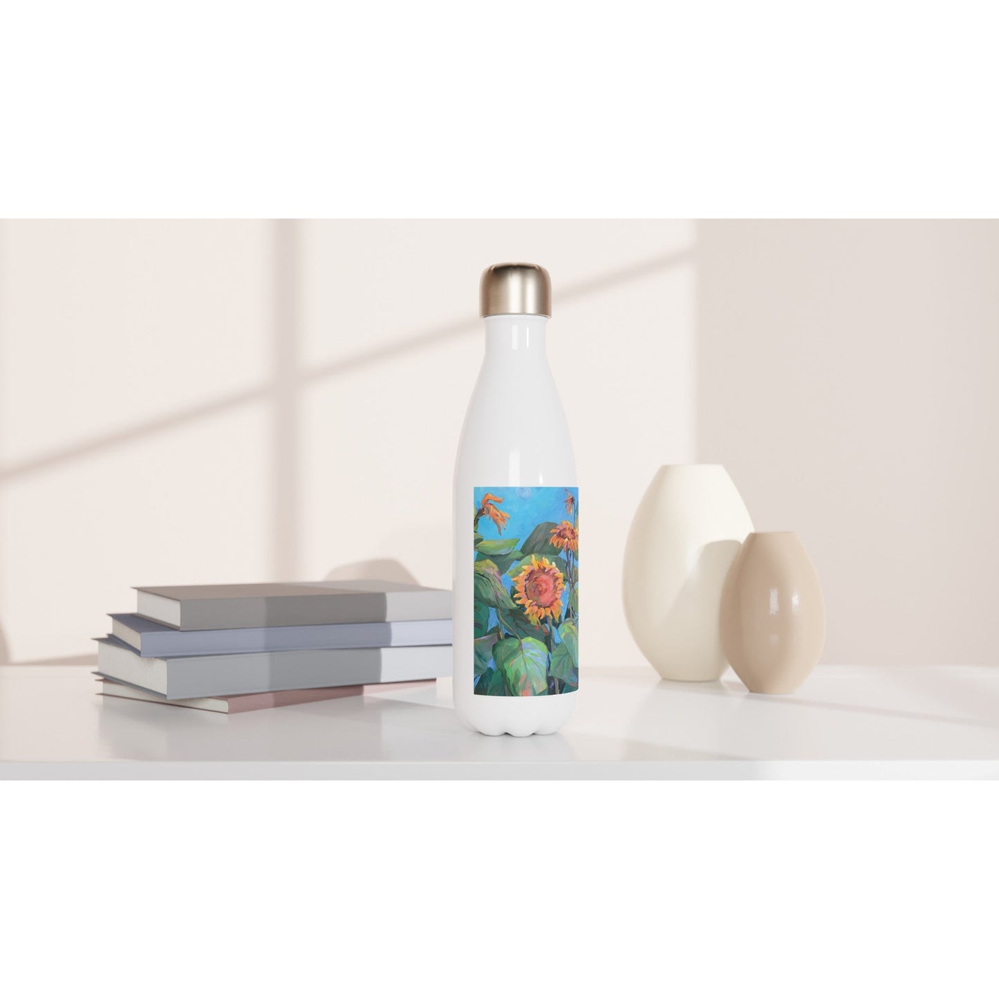 17oz White Stainless Steel Bottle with 'Southwinds Sunflowers' Floral Artwork by American Artist Barbara Cleary-2