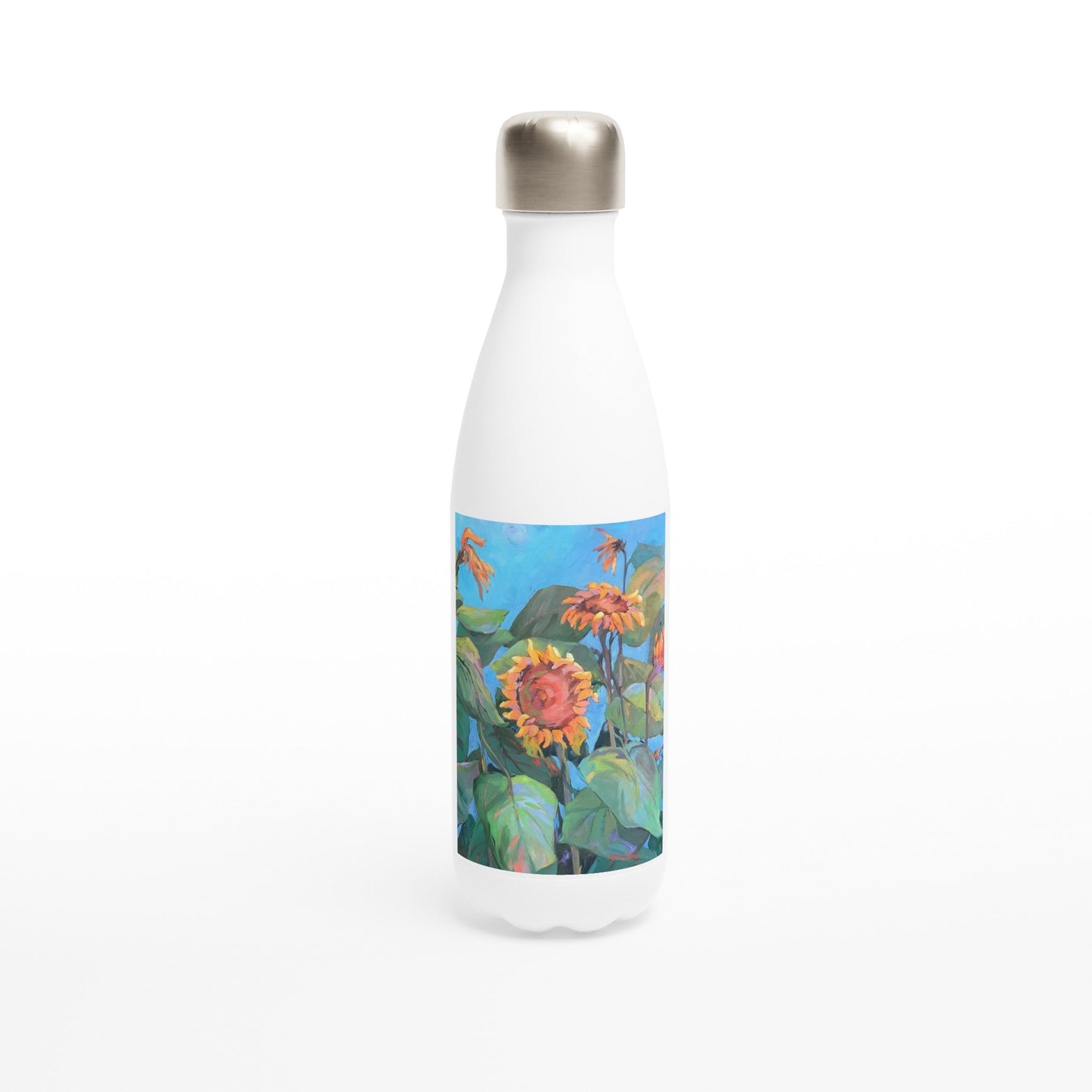 17oz White Stainless Steel Bottle with 'Southwinds Sunflowers' Floral Artwork by American Artist Barbara Cleary-0