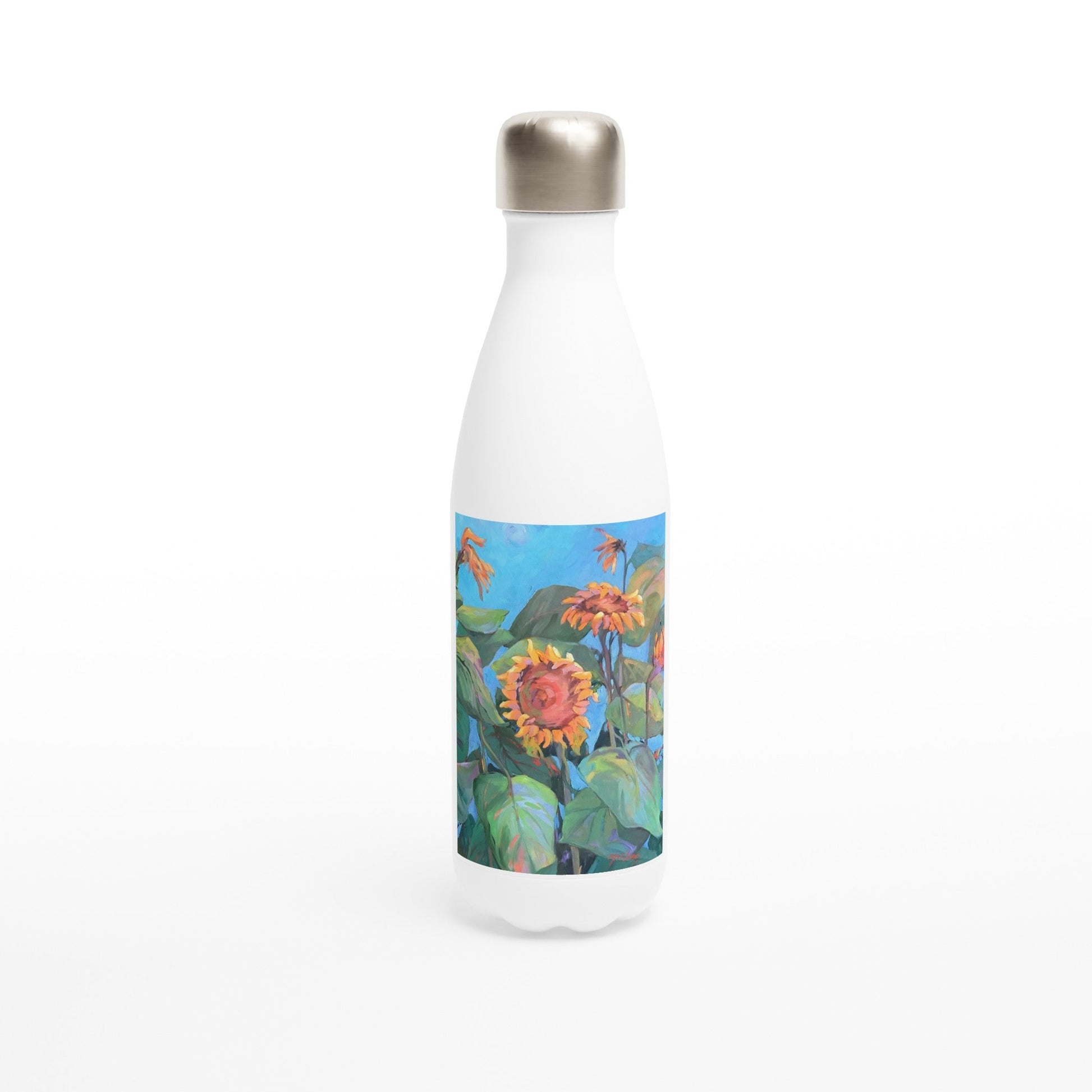 17oz White Stainless Steel Bottle with 'Southwinds Sunflowers' Floral Artwork by American Artist Barbara Cleary-0