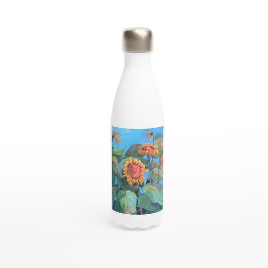 17oz White Stainless Steel Bottle with 'Southwinds Sunflowers' Floral Artwork by American Artist Barbara Cleary-0