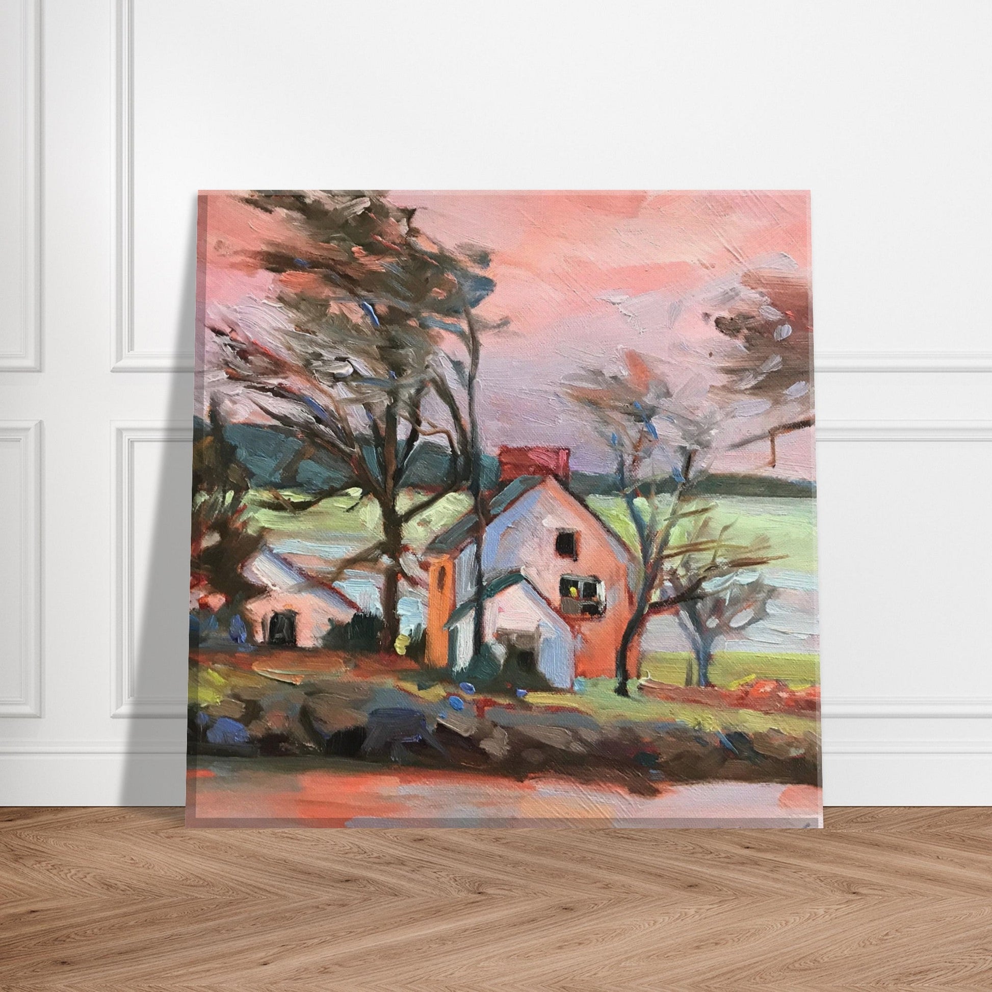 'Pink Sky House' Landscape I 8x8 inch Canvas Art Print I Original Artwork by American Artist Barbara Cleary-3