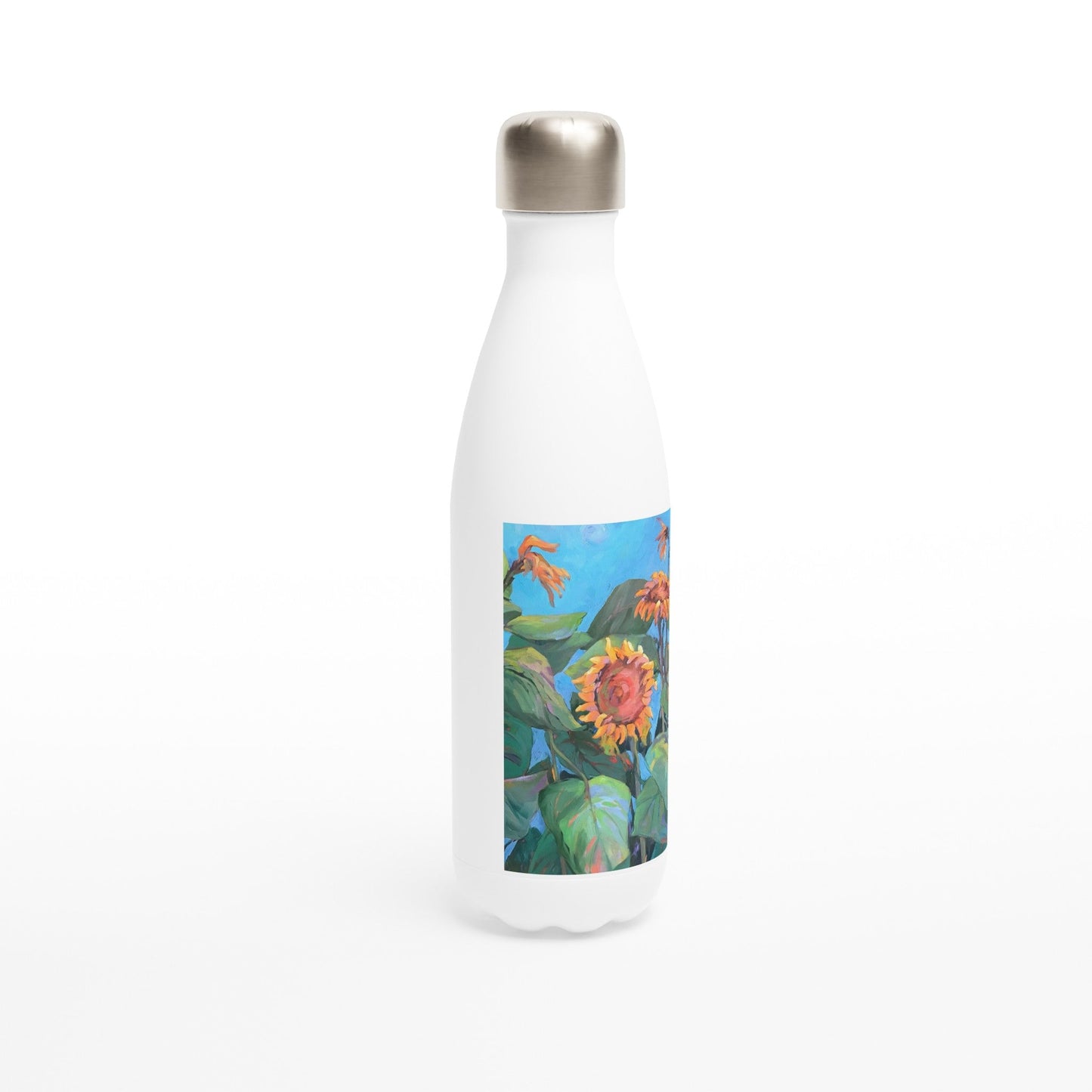 17oz White Stainless Steel Bottle with 'Southwinds Sunflowers' Floral Artwork by American Artist Barbara Cleary-4