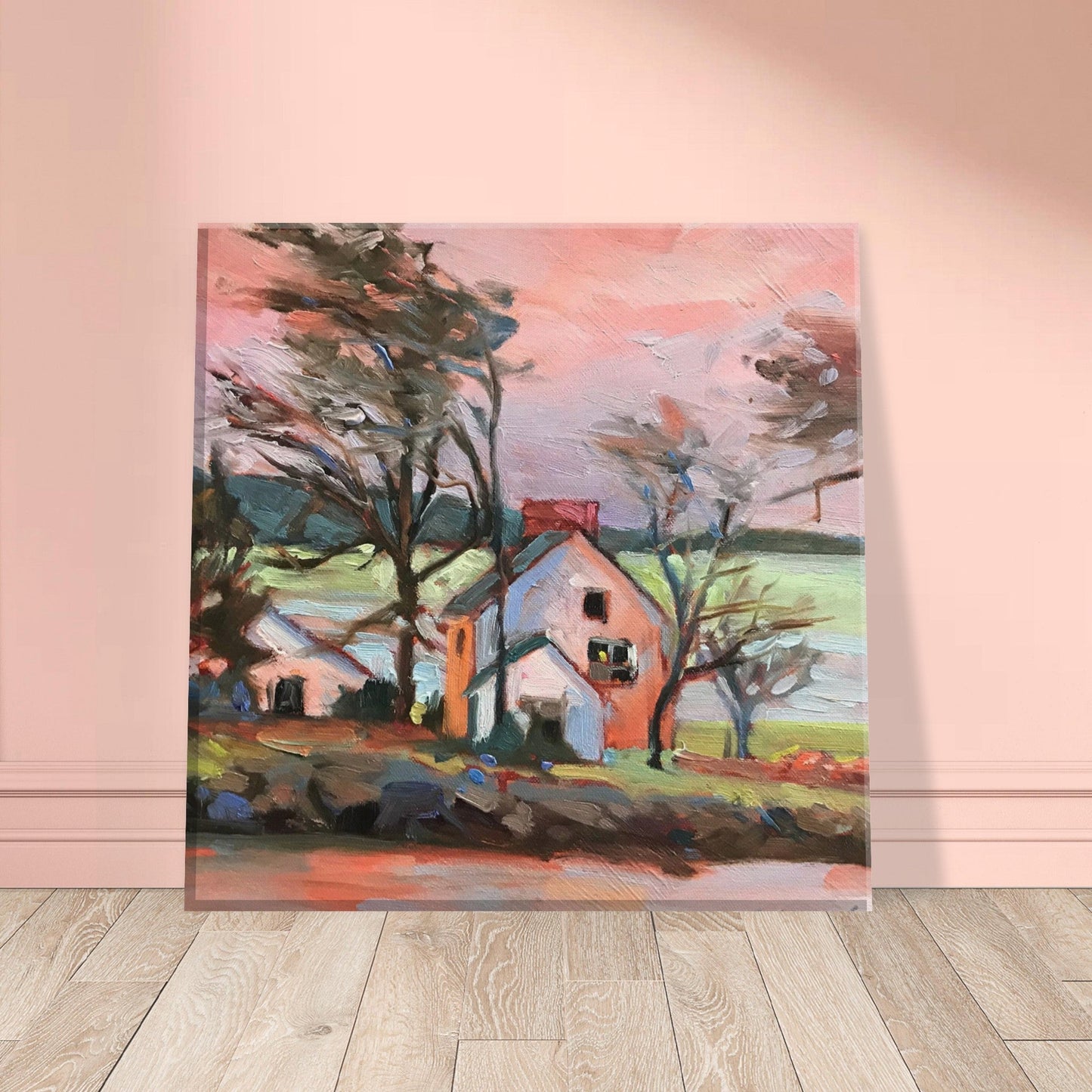 'Pink Sky House' Landscape I 8x8 inch Canvas Art Print I Original Artwork by American Artist Barbara Cleary-2