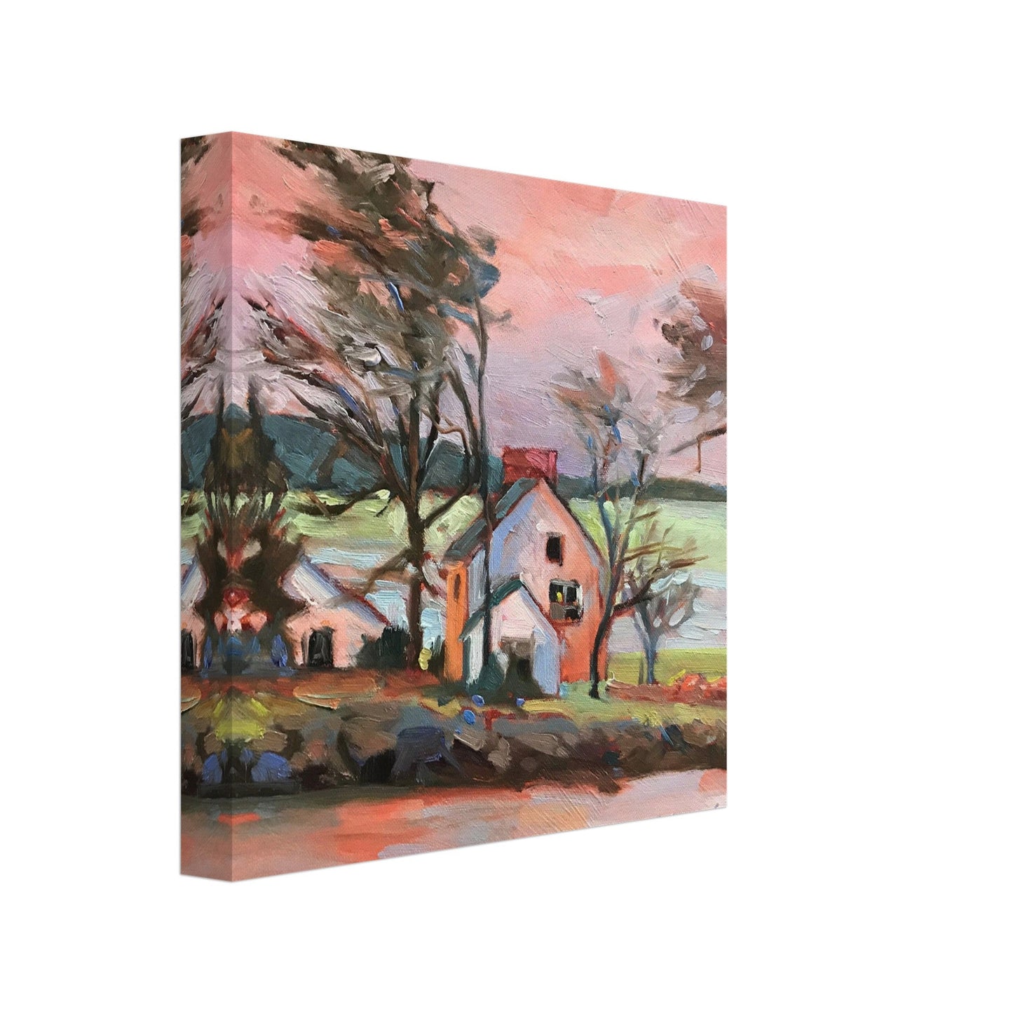'Pink Sky House' Landscape I 8x8 inch Canvas Art Print I Original Artwork by American Artist Barbara Cleary-4