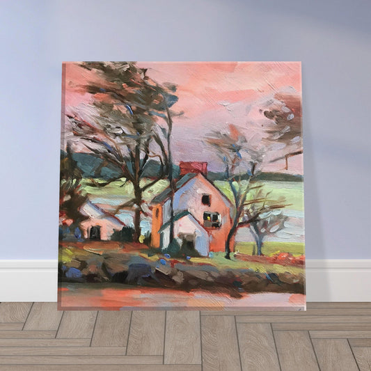 'Pink Sky House' Landscape I 8x8 inch Canvas Art Print I Original Artwork by American Artist Barbara Cleary-1
