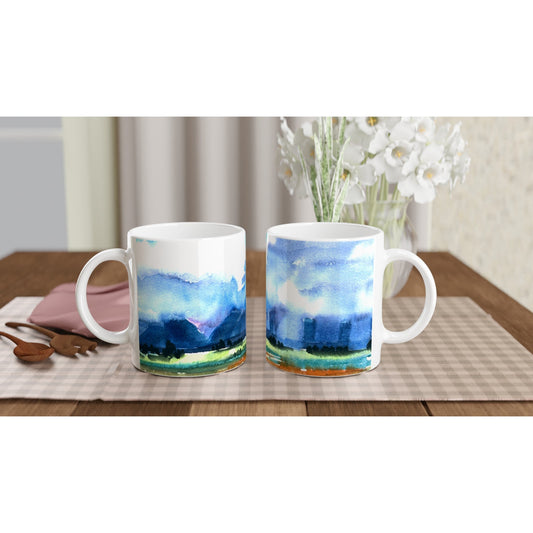 11oz White Ceramic Mug| Coffee Cup with 'Tranquil Mountain View 4' Artwork by American Artist Barbara Cleary-1