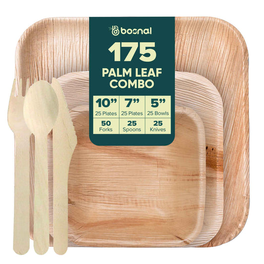 Palm Leaf Biodegradable 10" & 7" Square Plates, 5" Bowls with Cutlery Combo (25 Each Plates, 25 Bowls, 50 Forks, 25 Spoons, 25 Knives), Eco-Friendly, Compostable, Bamboo-Wood-0