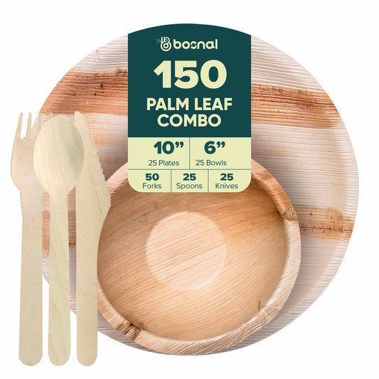 Palm Leaf Biodegradable 10" Round Plates, 6" Bowl and Cutlery Combo (25 Plates, 25 Bowls, 50 Forks, 25 Spoons, 25 Knives), Eco-Friendly, Compostable, Bamboo-Wood Style, Durable & Restaurant-Grade-0