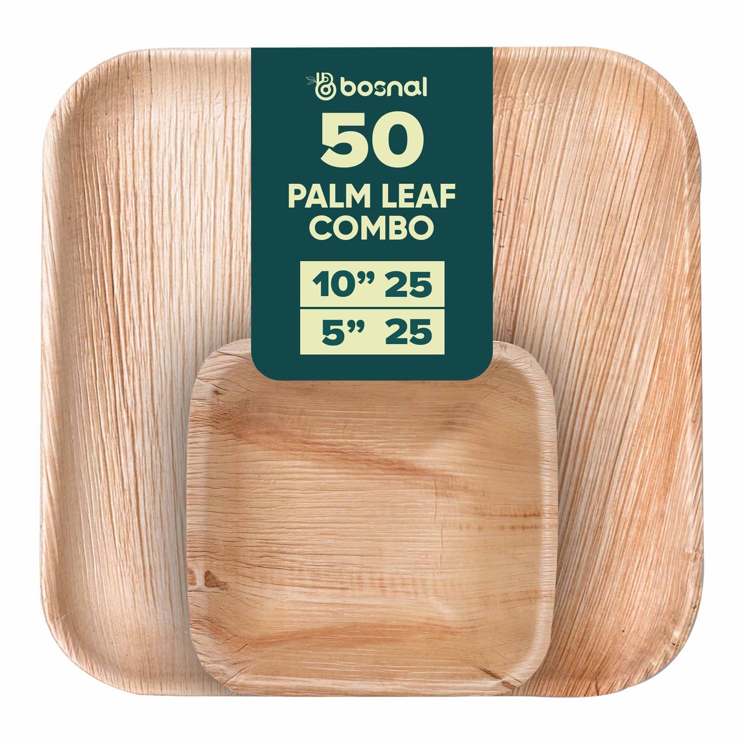 BOSNAL Palm Leaf Biodegradable 10" Square Plates and 5" Bowl Combo (25 Plates, 25 Bowls), Eco-Friendly, Compostable, Bamboo-Wood Style, Durable & Restaurant-Grade-0