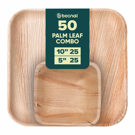 BOSNAL Palm Leaf Biodegradable 10" Square Plates and 5" Bowl Combo (25 Plates, 25 Bowls), Eco-Friendly, Compostable, Bamboo-Wood Style, Durable & Restaurant-Grade-0