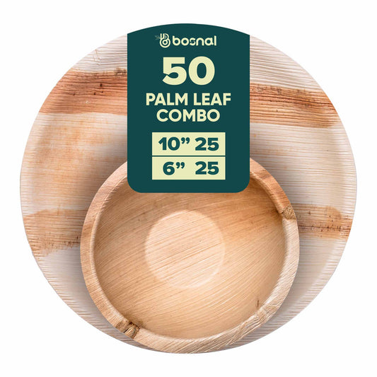 BOSNAL Palm Leaf Biodegradable 10" Round Plates and 6" Bowl Combo (25 Plates, 25 Bowls), Eco-Friendly, Compostable, Bamboo-Wood Style, Durable & Restaurant-Grade-0