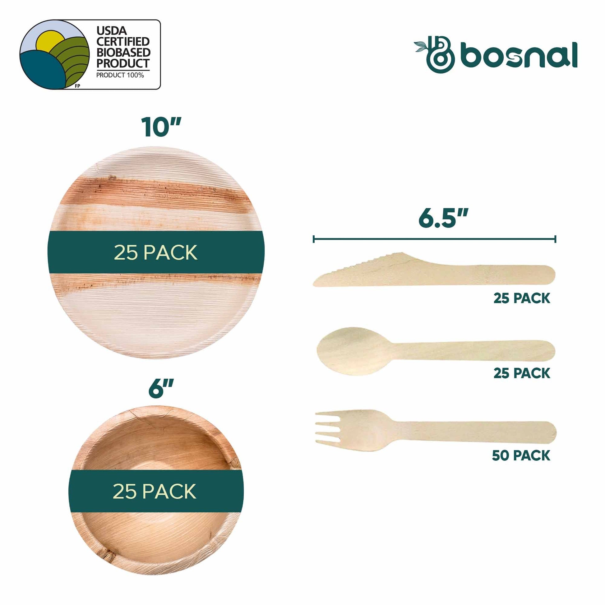 Palm Leaf Biodegradable 10" Round Plates, 6" Bowl and Cutlery Combo (25 Plates, 25 Bowls, 50 Forks, 25 Spoons, 25 Knives), Eco-Friendly, Compostable, Bamboo-Wood Style, Durable & Restaurant-Grade-1