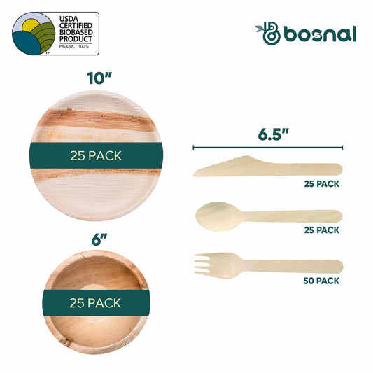 Palm Leaf Biodegradable 10" Round Plates, 6" Bowl and Cutlery Combo (25 Plates, 25 Bowls, 50 Forks, 25 Spoons, 25 Knives), Eco-Friendly, Compostable, Bamboo-Wood Style, Durable & Restaurant-Grade-1
