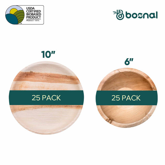 BOSNAL Palm Leaf Biodegradable 10" Round Plates and 6" Bowl Combo (25 Plates, 25 Bowls), Eco-Friendly, Compostable, Bamboo-Wood Style, Durable & Restaurant-Grade-1