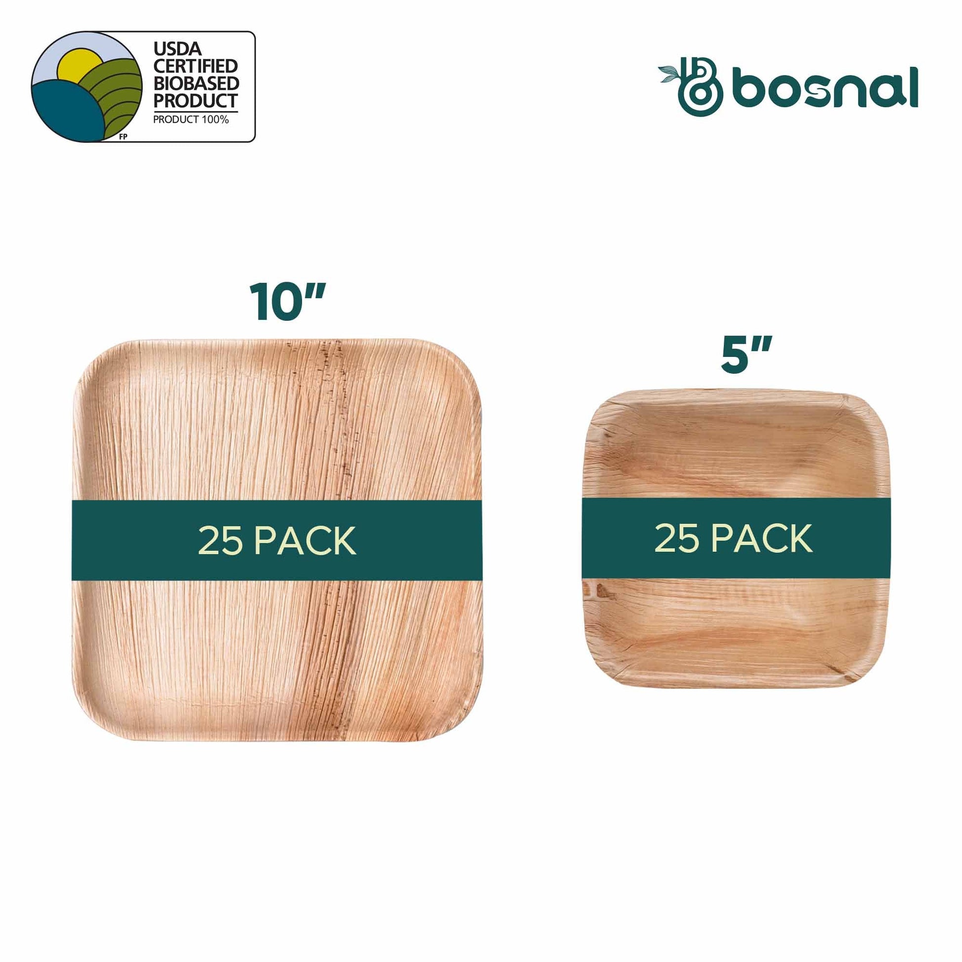 BOSNAL Palm Leaf Biodegradable 10" Square Plates and 5" Bowl Combo (25 Plates, 25 Bowls), Eco-Friendly, Compostable, Bamboo-Wood Style, Durable & Restaurant-Grade-1