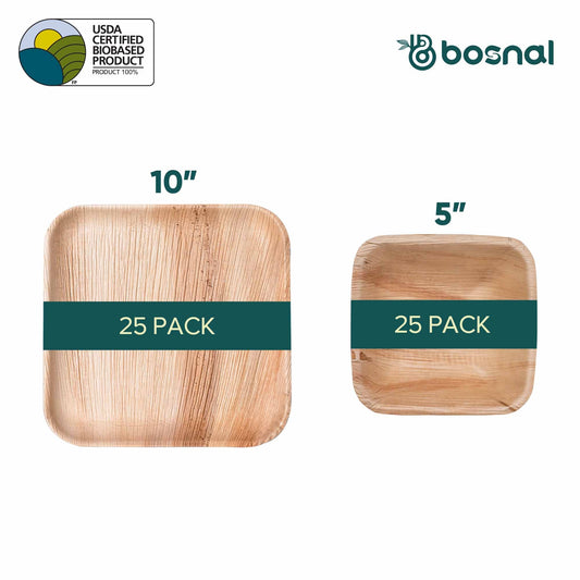 BOSNAL Palm Leaf Biodegradable 10" Square Plates and 5" Bowl Combo (25 Plates, 25 Bowls), Eco-Friendly, Compostable, Bamboo-Wood Style, Durable & Restaurant-Grade-1