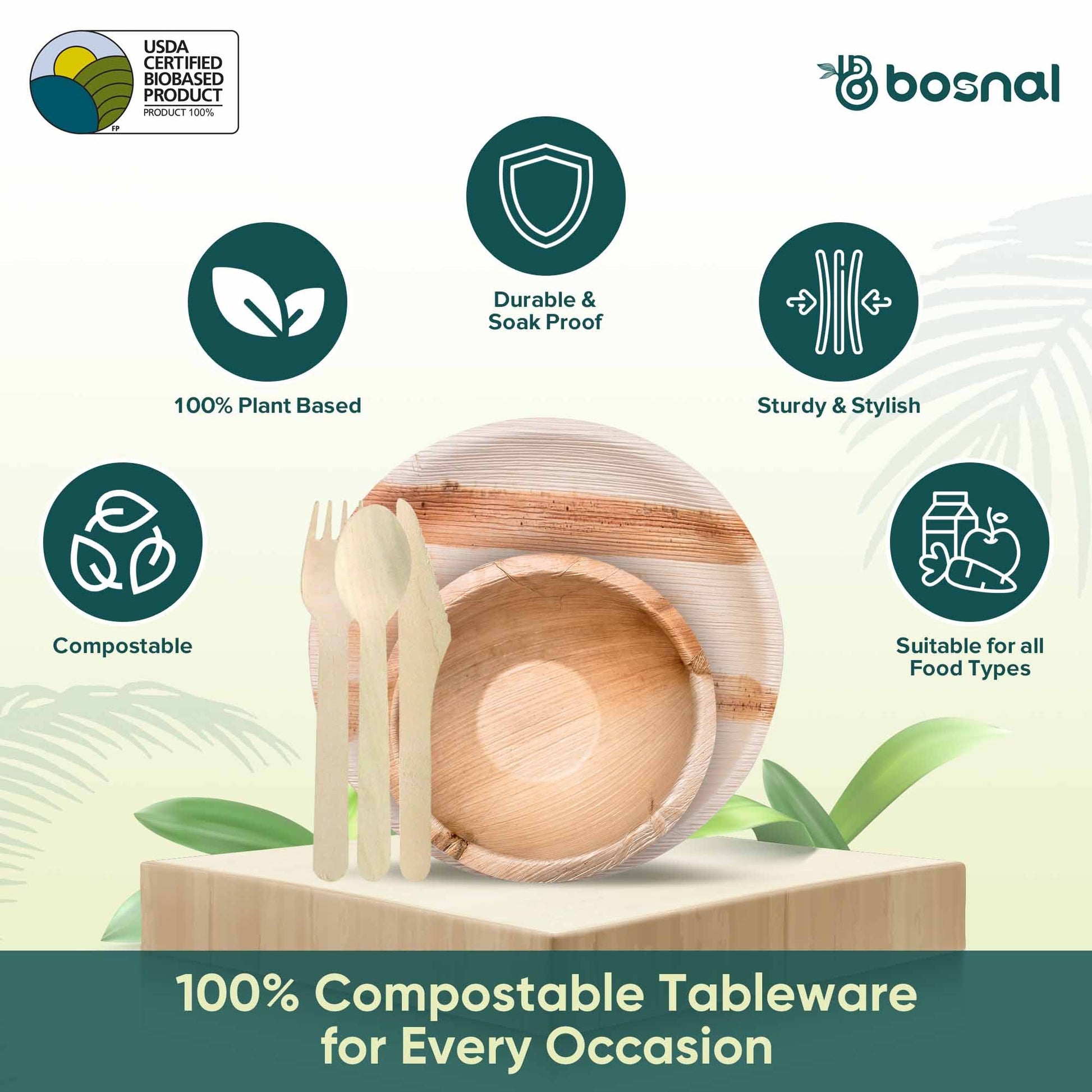 Palm Leaf Biodegradable 10" Round Plates, 6" Bowl and Cutlery Combo (25 Plates, 25 Bowls, 50 Forks, 25 Spoons, 25 Knives), Eco-Friendly, Compostable, Bamboo-Wood Style, Durable & Restaurant-Grade-2