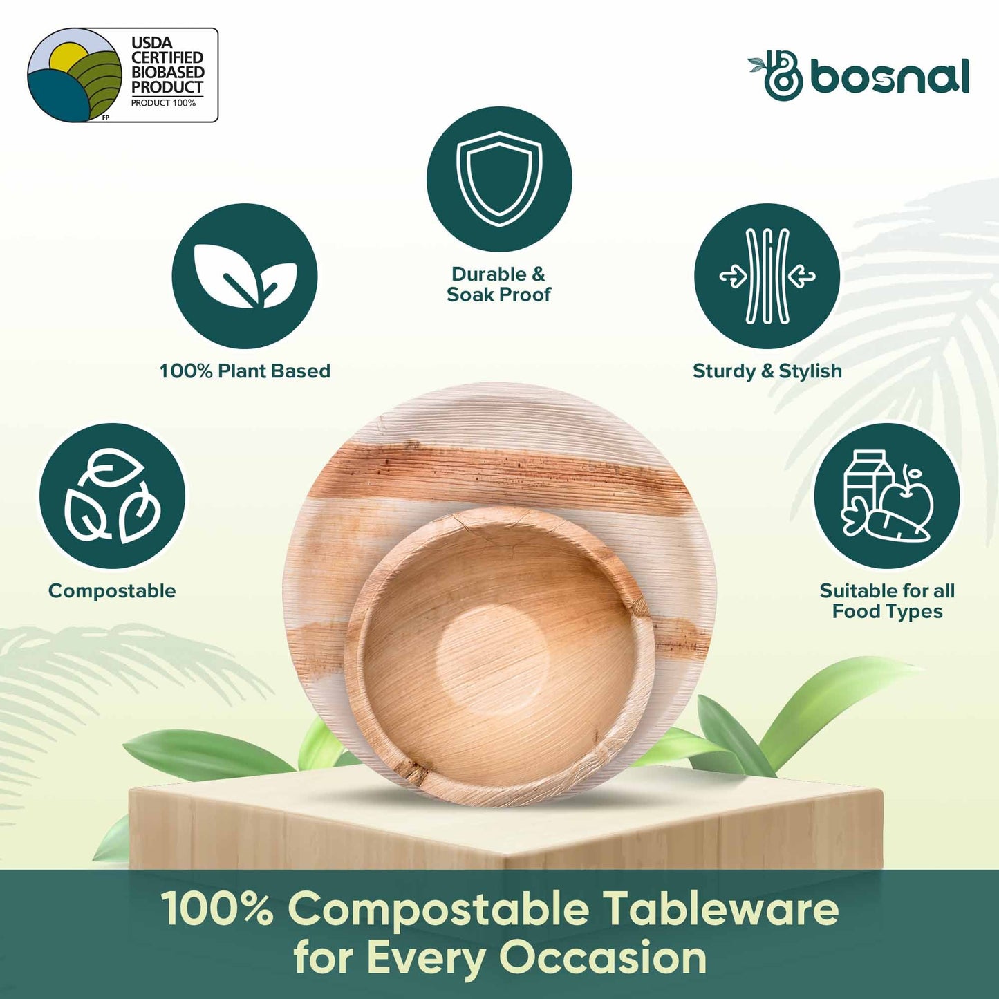 BOSNAL Palm Leaf Biodegradable 10" Round Plates and 6" Bowl Combo (25 Plates, 25 Bowls), Eco-Friendly, Compostable, Bamboo-Wood Style, Durable & Restaurant-Grade-2