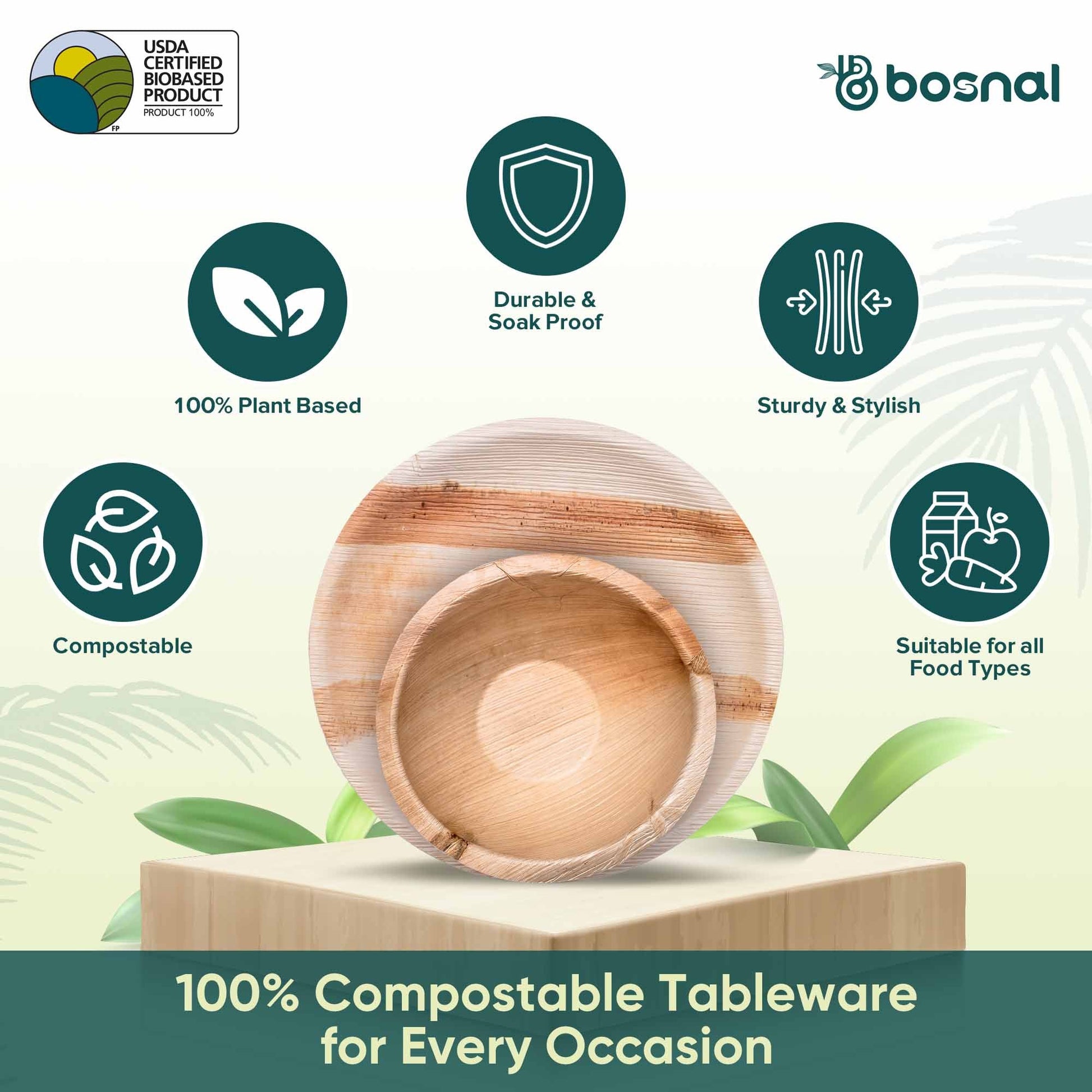 BOSNAL Palm Leaf Biodegradable 10" Round Plates and 6" Bowl Combo (25 Plates, 25 Bowls), Eco-Friendly, Compostable, Bamboo-Wood Style, Durable & Restaurant-Grade-2