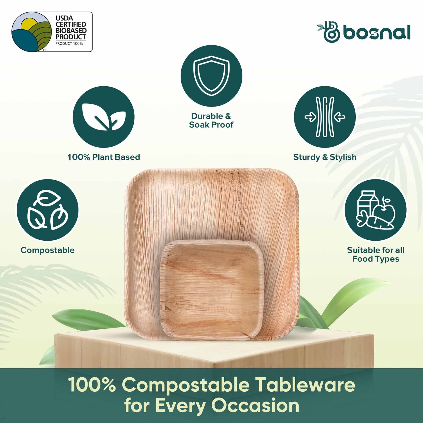 BOSNAL Palm Leaf Biodegradable 10" Square Plates and 5" Bowl Combo (25 Plates, 25 Bowls), Eco-Friendly, Compostable, Bamboo-Wood Style, Durable & Restaurant-Grade-2