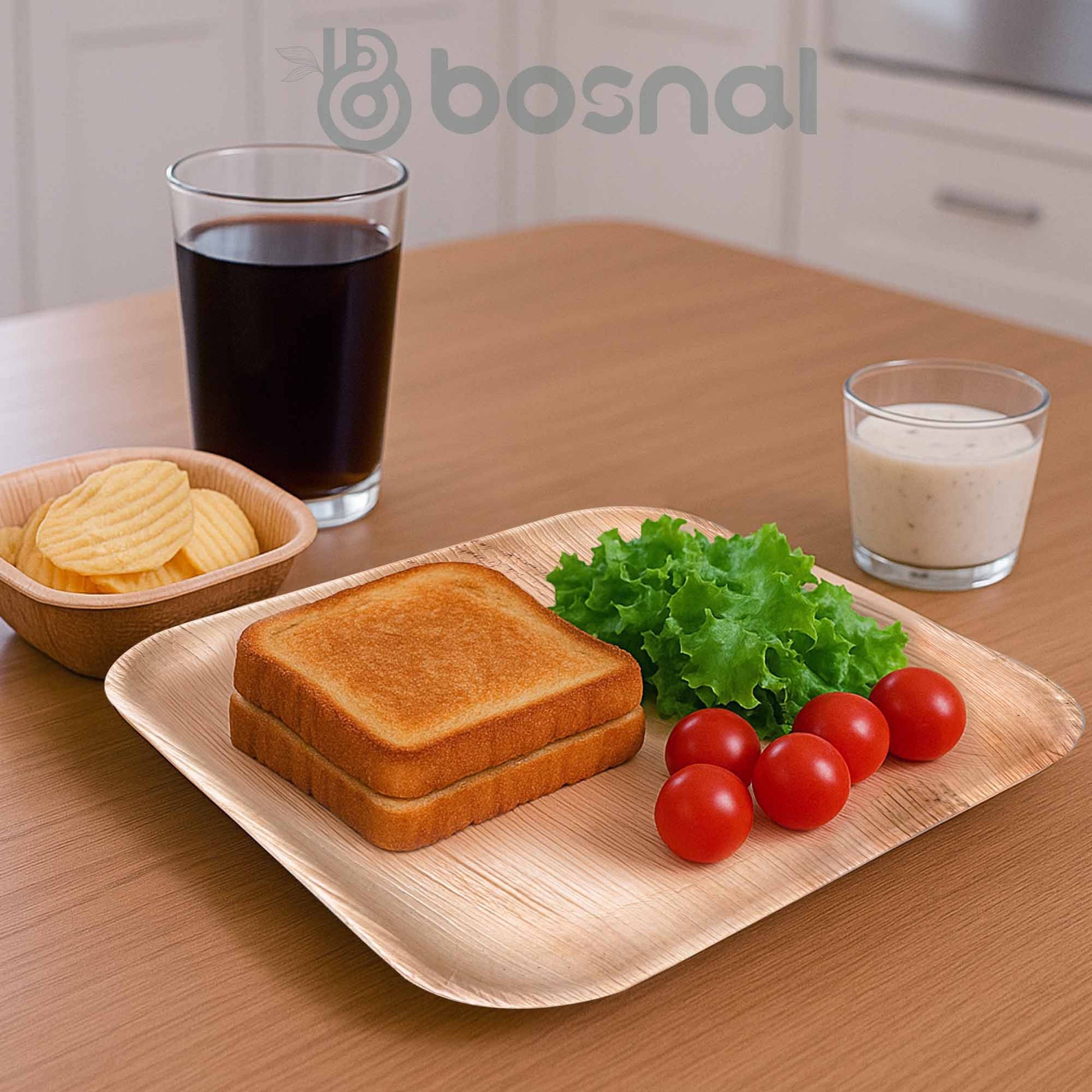 BOSNAL Palm Leaf Biodegradable 10" Square Plates and 5" Bowl Combo (25 Plates, 25 Bowls), Eco-Friendly, Compostable, Bamboo-Wood Style, Durable & Restaurant-Grade-3