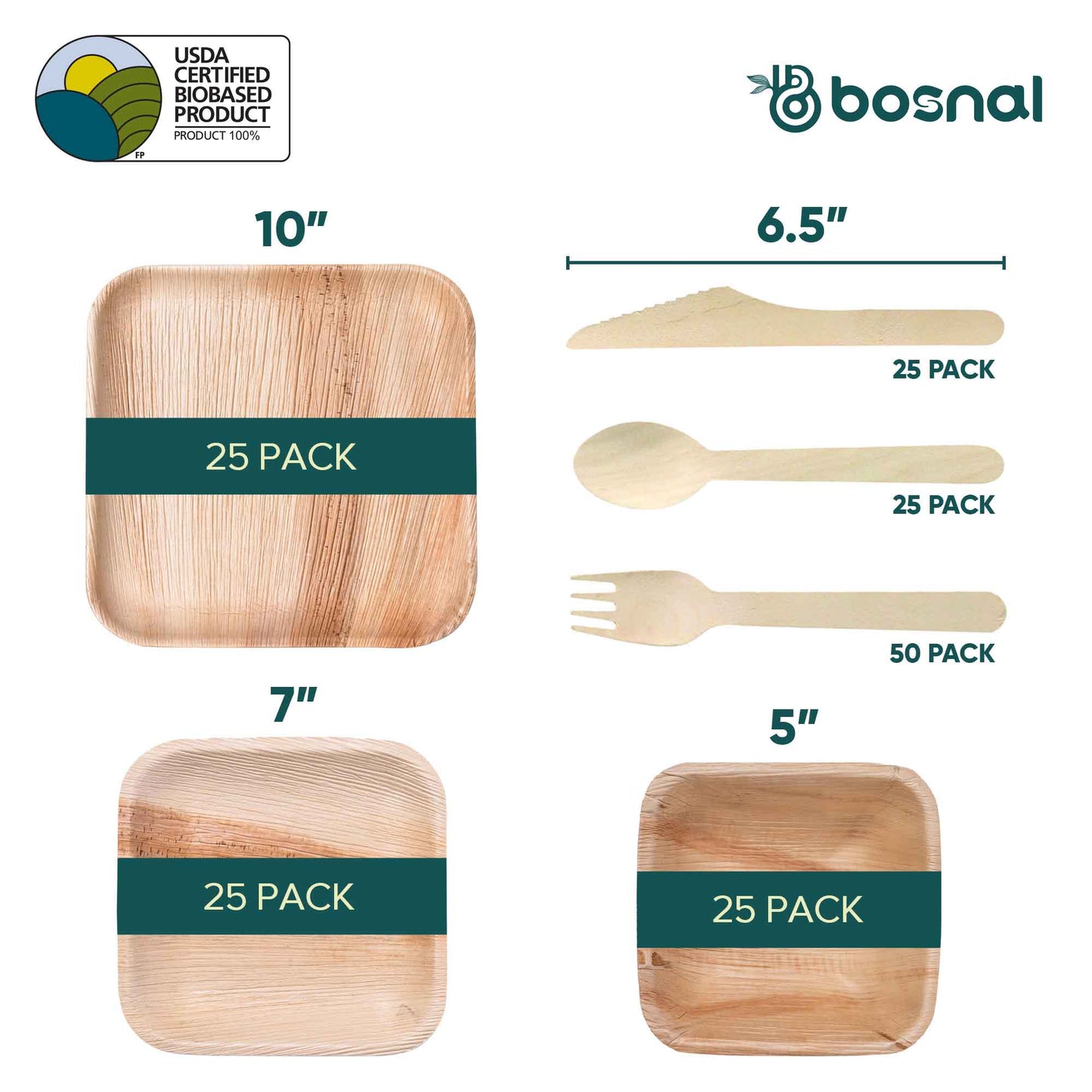 Palm Leaf Biodegradable 10" & 7" Square Plates, 5" Bowls with Cutlery Combo (25 Each Plates, 25 Bowls, 50 Forks, 25 Spoons, 25 Knives), Eco-Friendly, Compostable, Bamboo-Wood-3