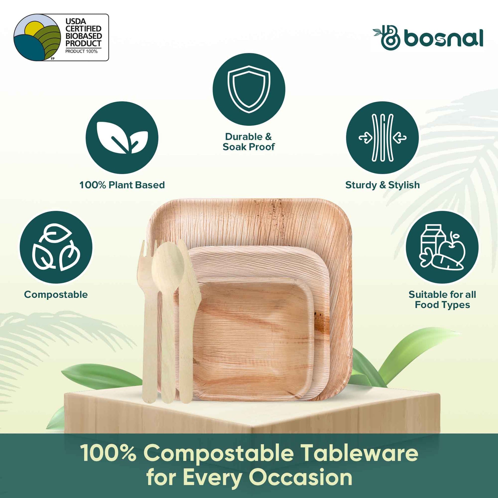 Palm Leaf Biodegradable 10" & 7" Square Plates, 5" Bowls with Cutlery Combo (25 Each Plates, 25 Bowls, 50 Forks, 25 Spoons, 25 Knives), Eco-Friendly, Compostable, Bamboo-Wood-1