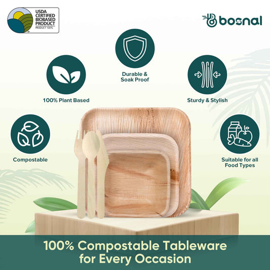 Palm Leaf Biodegradable 10" & 7" Square Plates, 5" Bowls with Cutlery Combo (25 Each Plates, 25 Bowls, 50 Forks, 25 Spoons, 25 Knives), Eco-Friendly, Compostable, Bamboo-Wood-1
