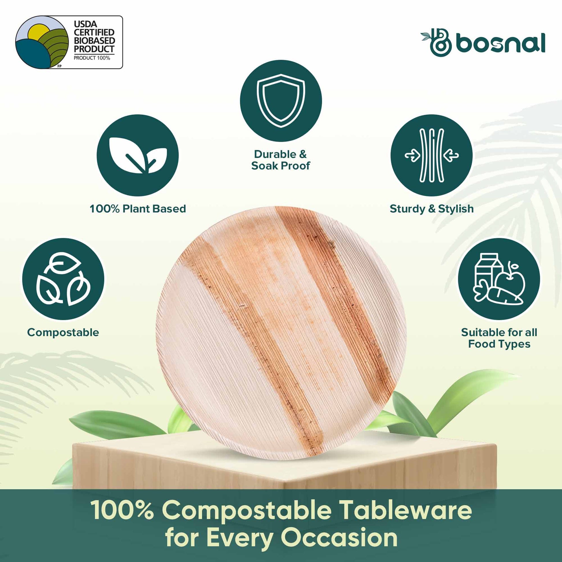 Bosnal - Palm Leaf Biodegradable Plates, 9 inch, Round-3