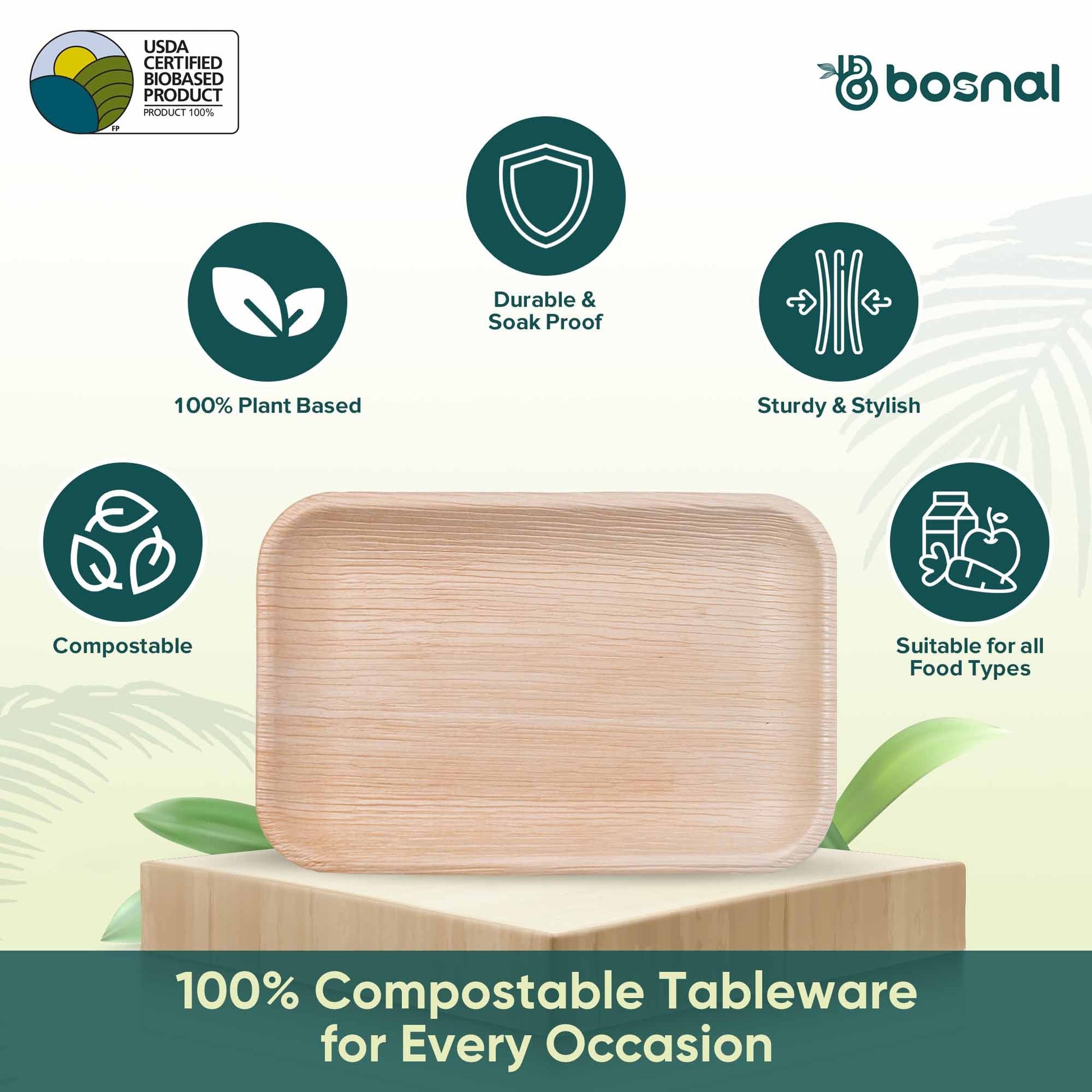 Bosnal - Palm Leaf Biodegradable Plates, 9 x 6 inch Rectangle-2