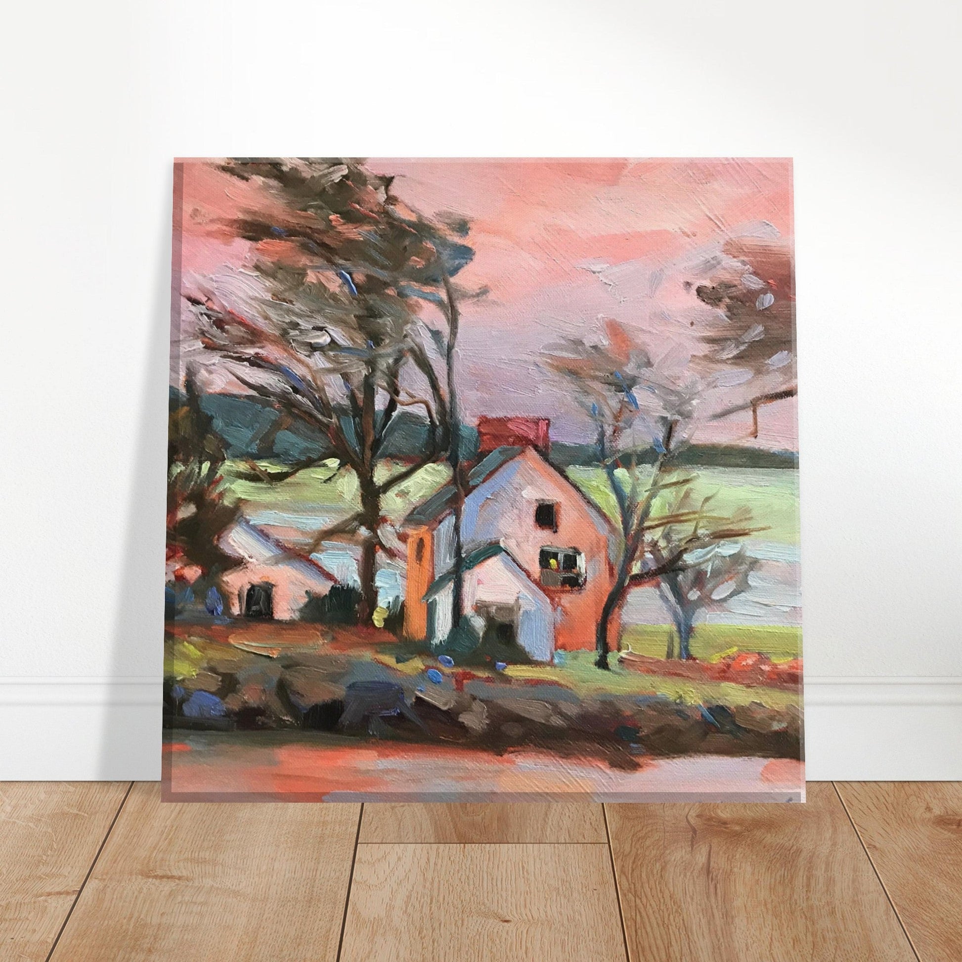 'Pink Sky House' Landscape I 8x8 inch Canvas Art Print I Original Artwork by American Artist Barbara Cleary-0