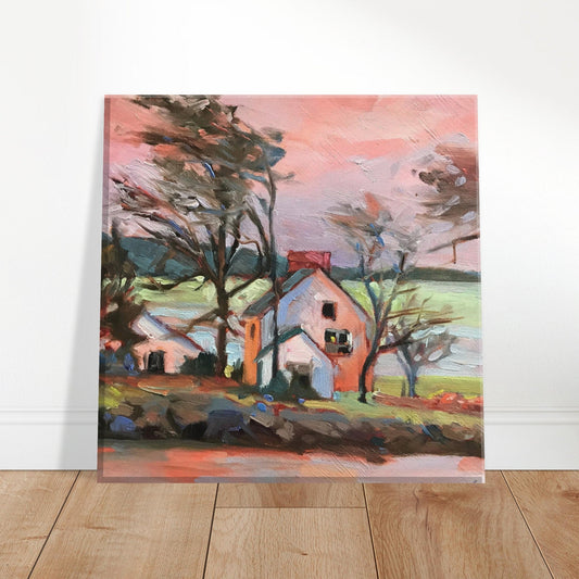 'Pink Sky House' Landscape I 8x8 inch Canvas Art Print I Original Artwork by American Artist Barbara Cleary-0