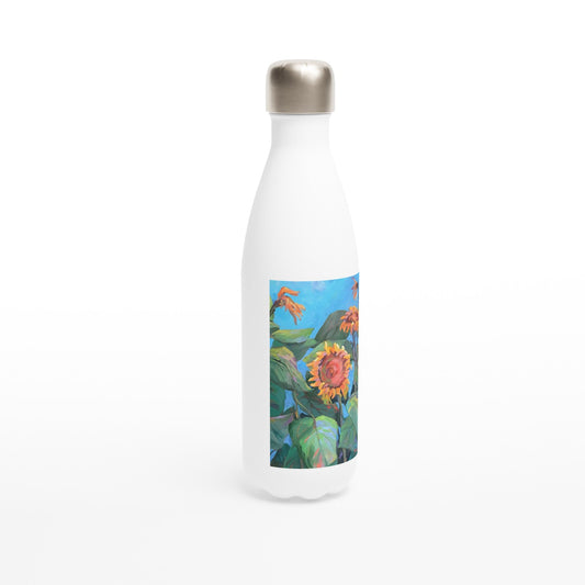 17oz White Stainless Steel Bottle with 'Southwinds Sunflowers' Floral Artwork by American Artist Barbara Cleary-1