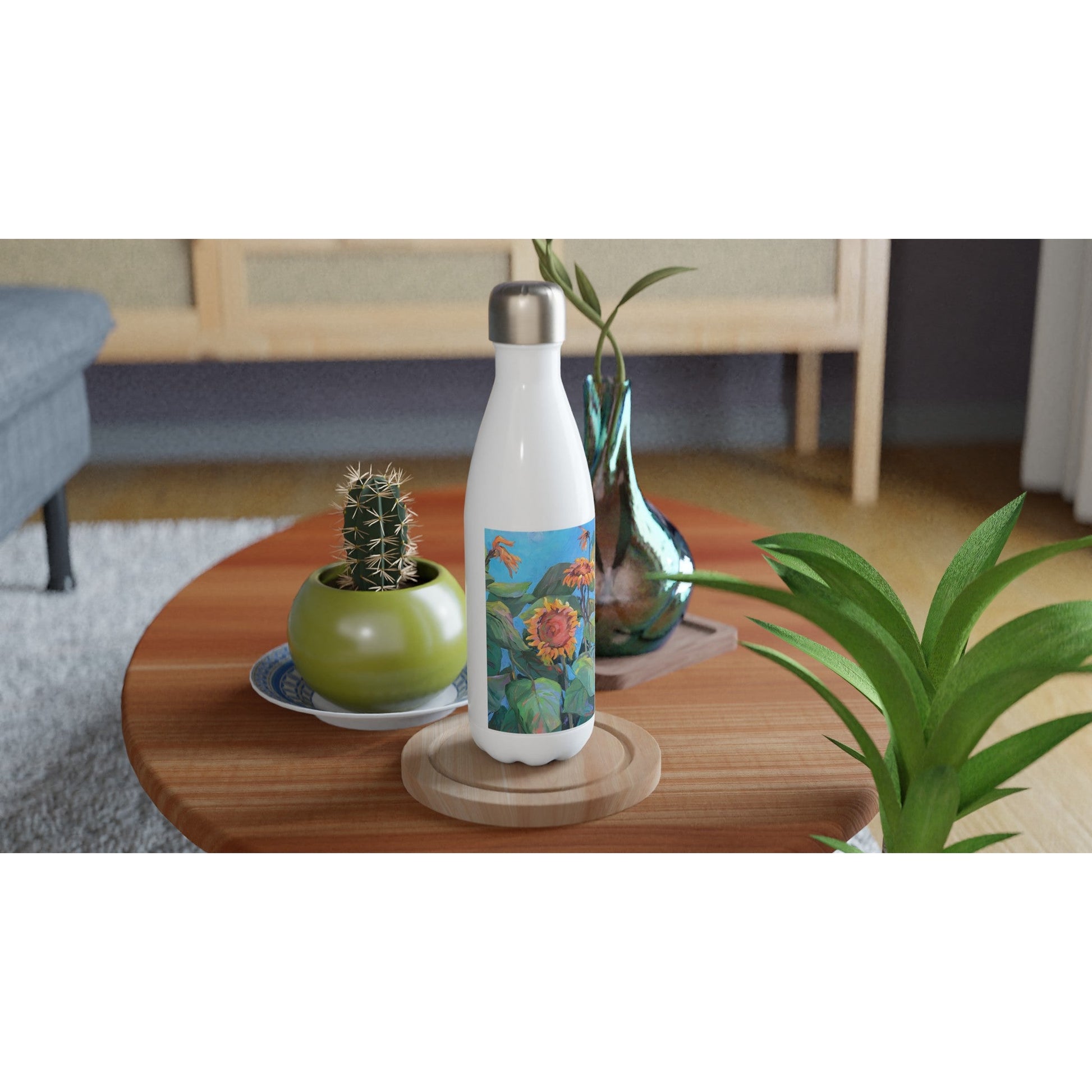 17oz White Stainless Steel Bottle with 'Southwinds Sunflowers' Floral Artwork by American Artist Barbara Cleary-3