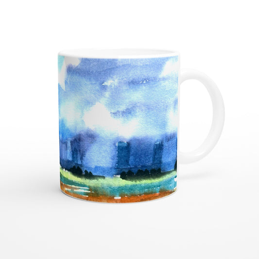 11oz White Ceramic Mug| Coffee Cup with 'Tranquil Mountain View 4' Artwork by American Artist Barbara Cleary-0