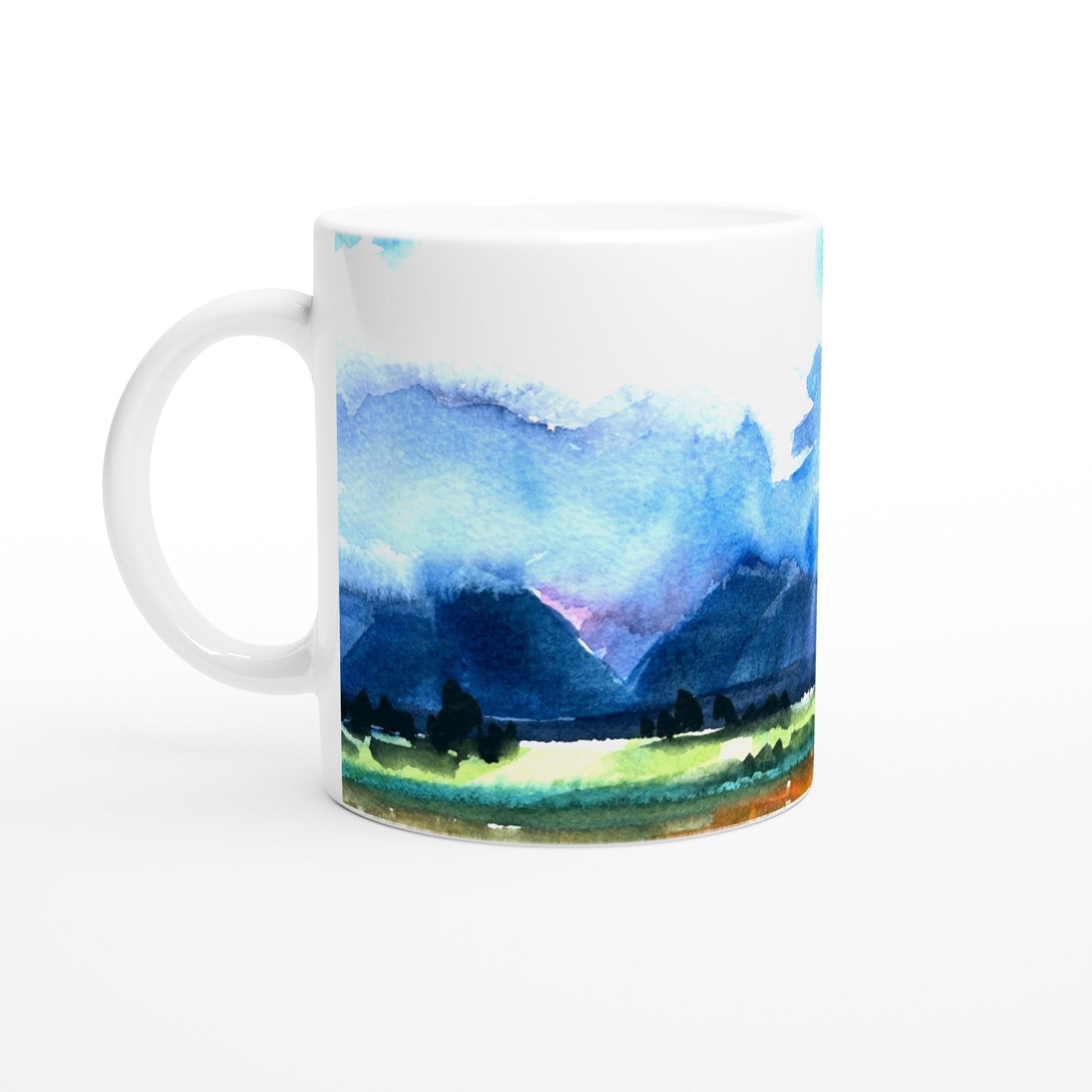 11oz White Ceramic Mug| Coffee Cup with 'Tranquil Mountain View 4' Artwork by American Artist Barbara Cleary-2